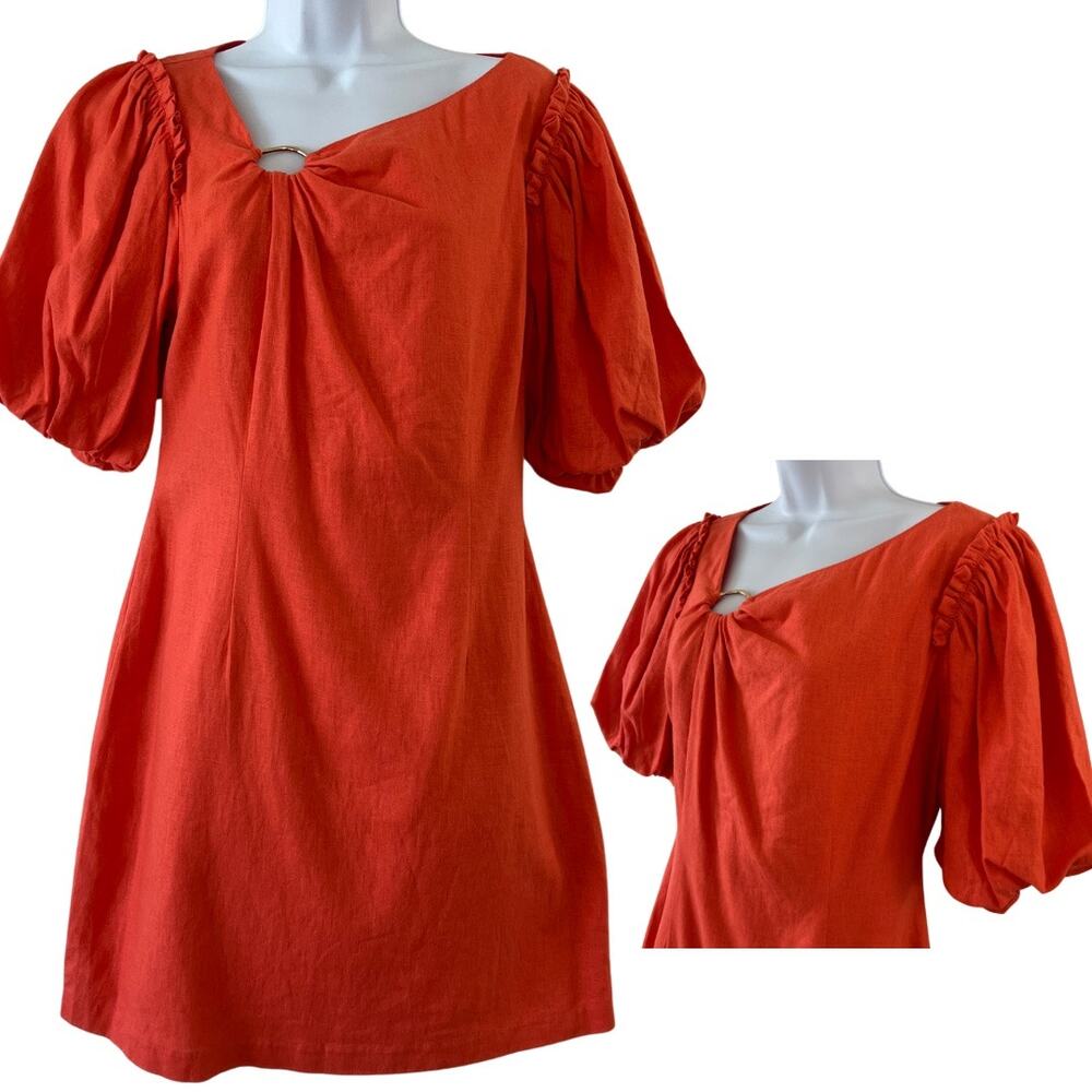 DKNY Orange Gold Puff Sleeve Linen Mini Dress Womens Medium NWT